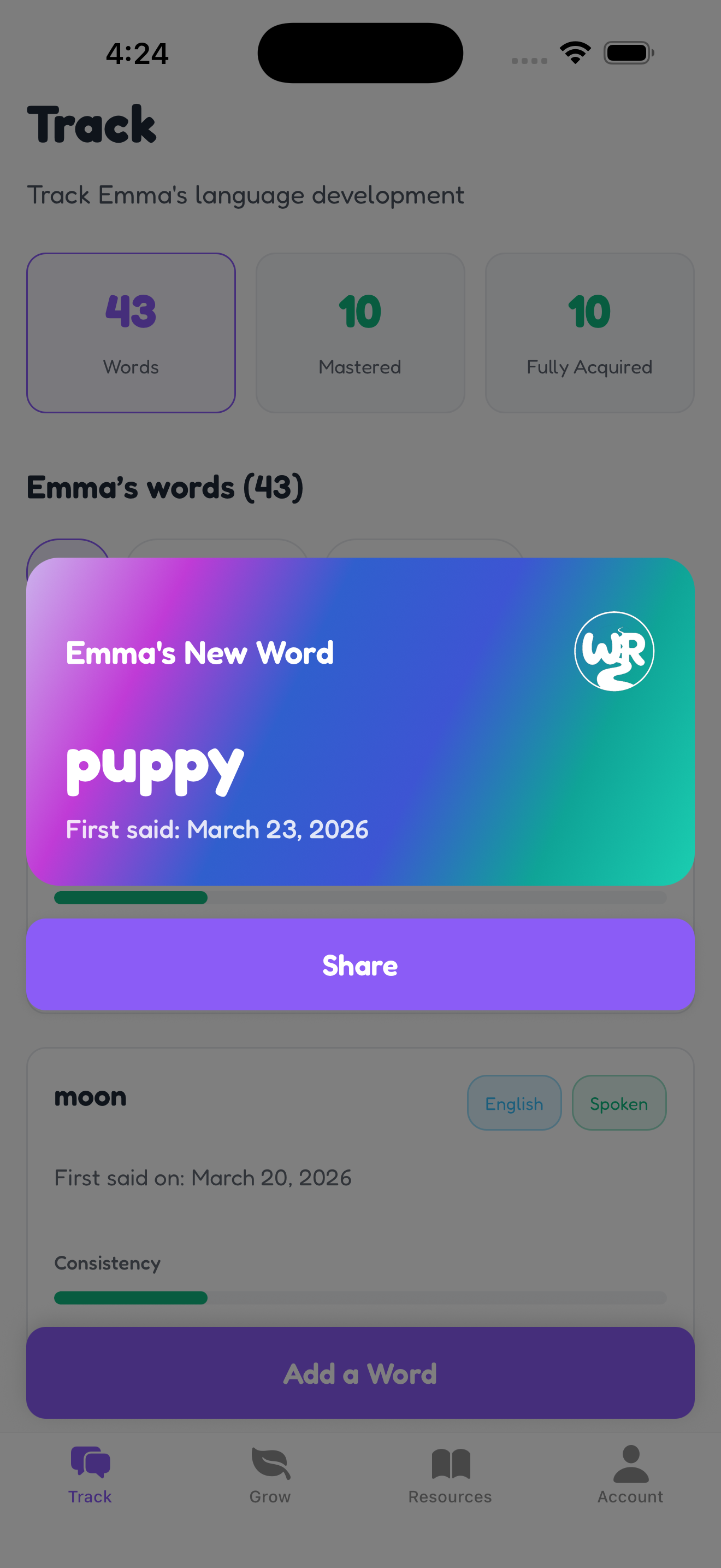 Word River celebration card for a new word 'puppy' with a colorful gradient background and share button