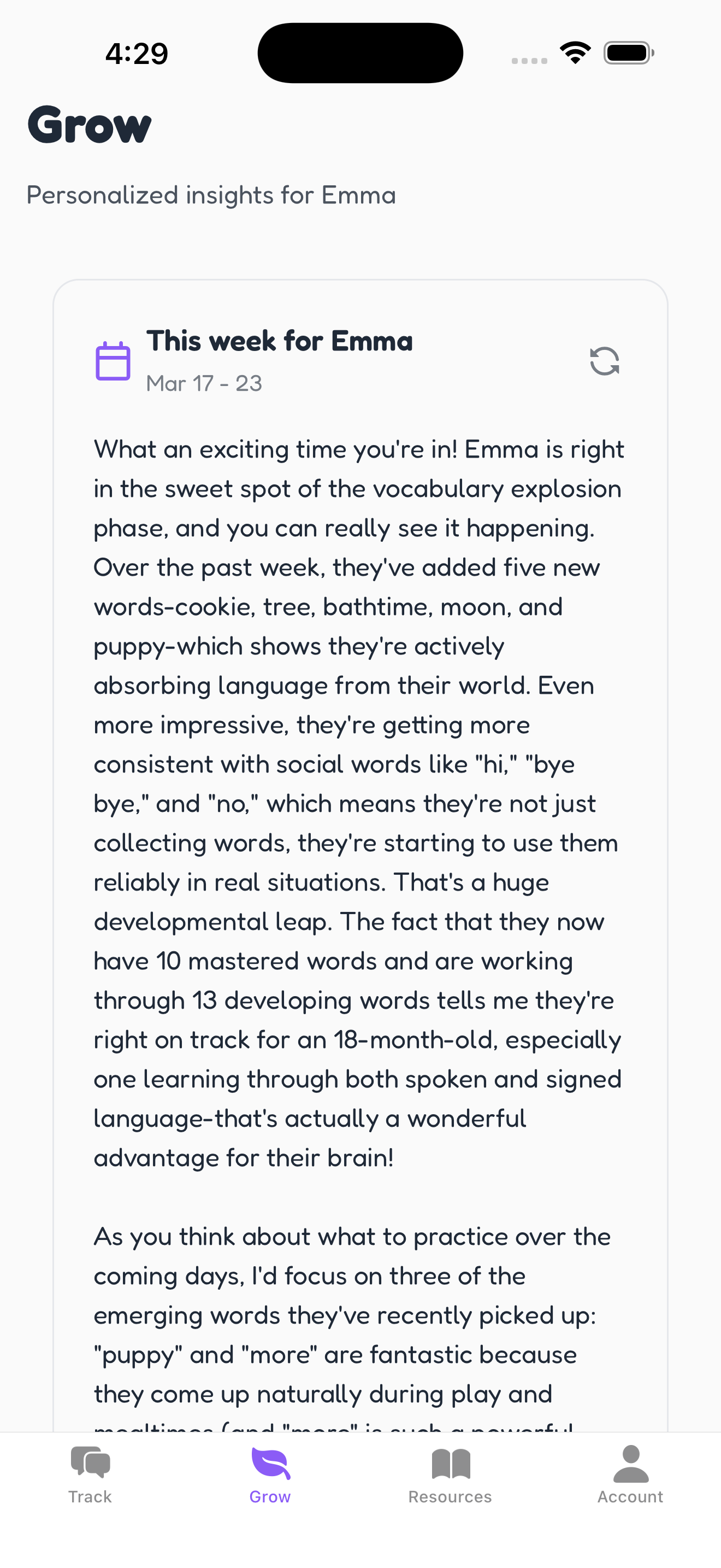 Word River AI insights screen showing a personalized weekly summary of a child's language development