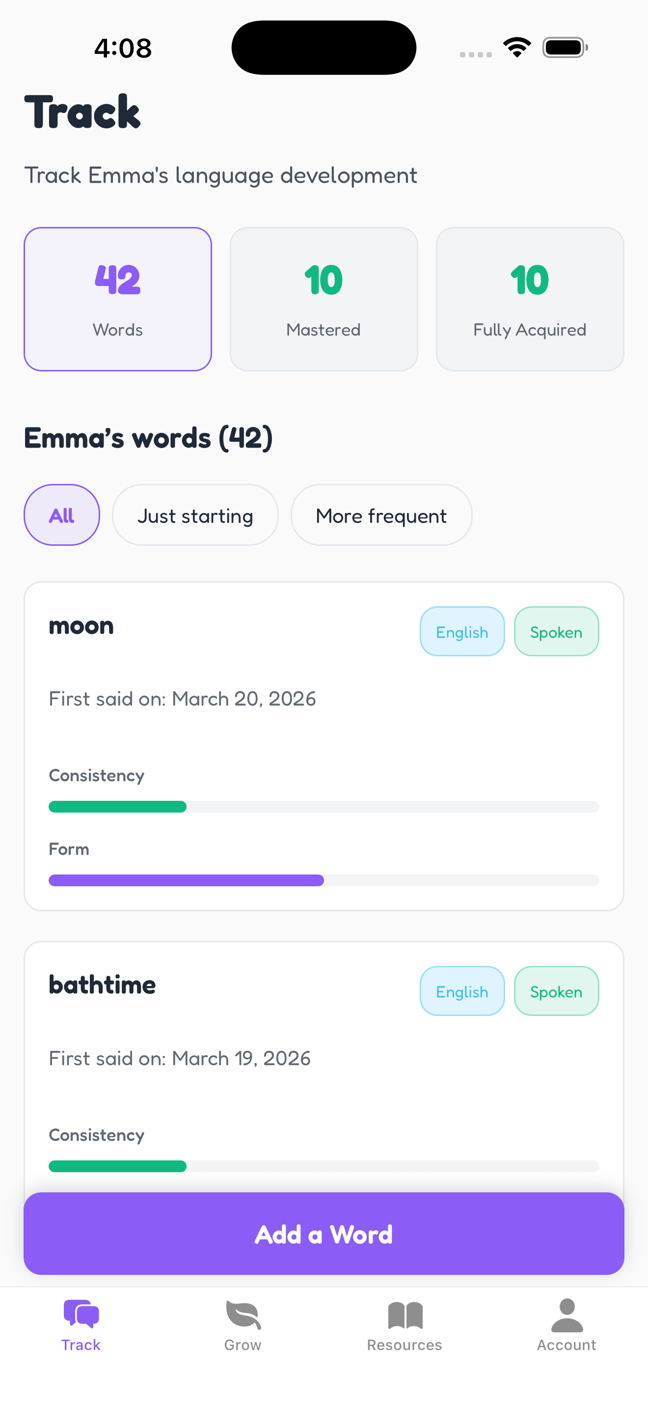 Word River tracking screen showing 42 words tracked with consistency and form progress bars for each word